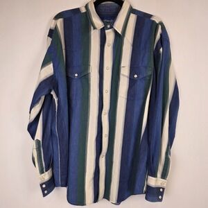 Vintage‎ Wrangler Brushpopper Western Shirt Men's XL Pearl Snap Striped Cowboy